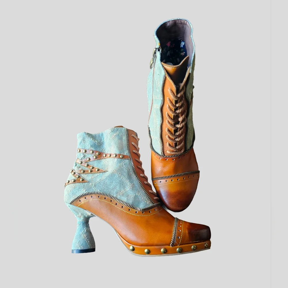 Steampunk Leather and Denim Ankle Boots with Zipper and Stud Details - Size 40